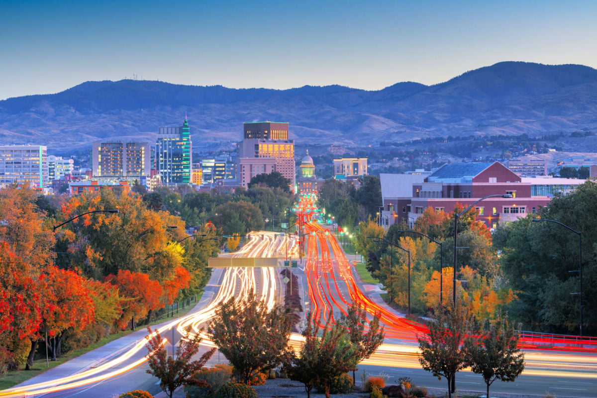 Skyline of Boise backdropped by mountains